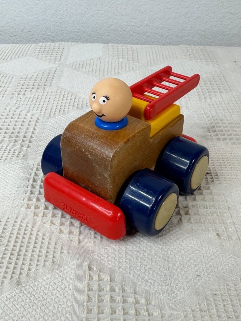 Vintage 1988 Playskool Wooden Fire Truck With Ladder and Smiling Figure